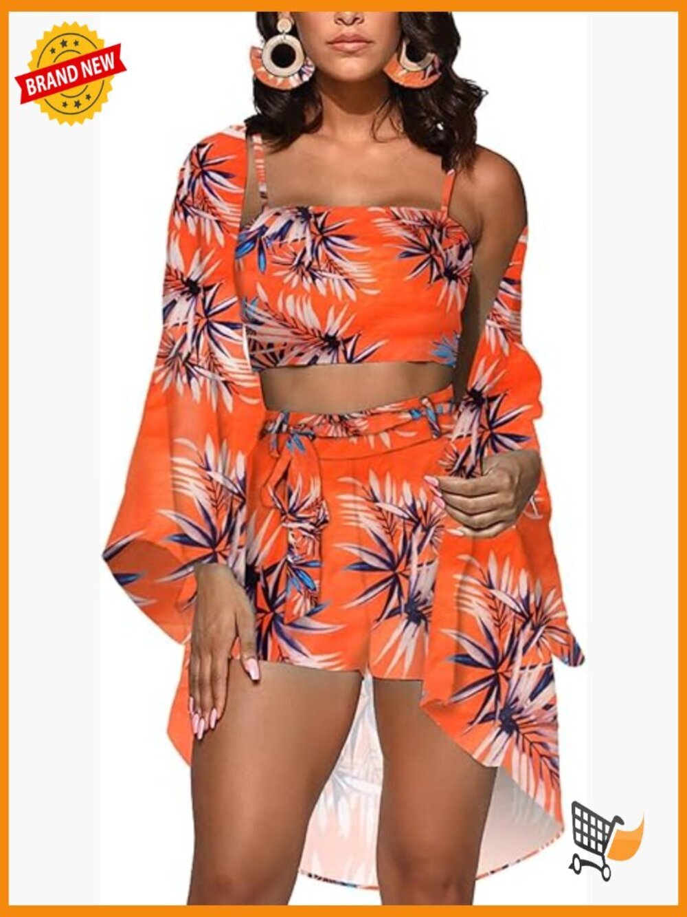 Womens 3 Piece Vocation Outfits Summer Suit Floral Kimono Cardigan Crop Top